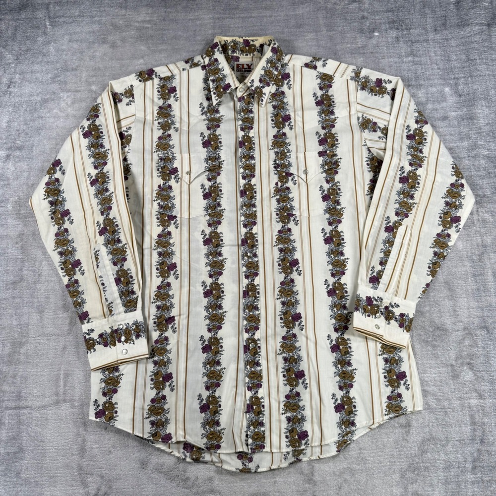 Ely Cattleman Shirt Mens Large Cream Vintage Floral Stripe Pearl Snap Western